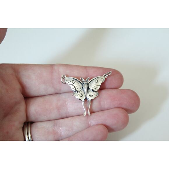 Sterling Silver Luna Moth Pendant Necklace, Silver Luna Moth Pendant - Picture 2 of 5